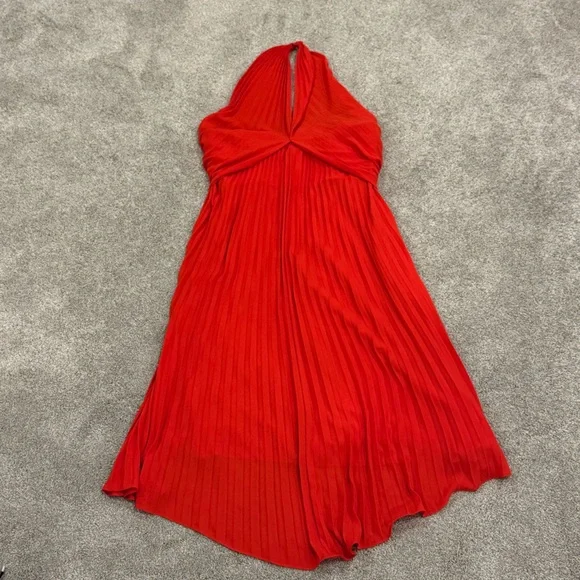 Reiss Roya Pleated Midi Halter Neck dress in Red Size 6